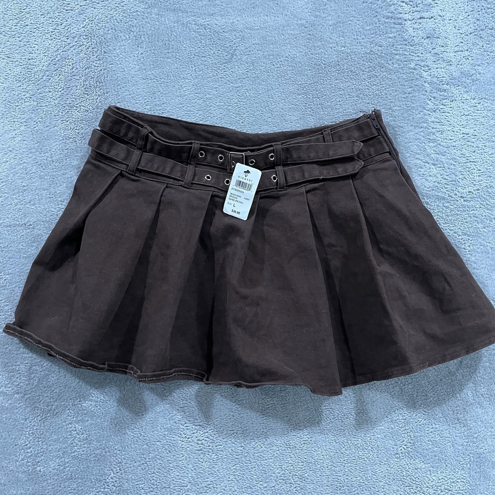 Windsor Denim Brown Pleated Mini Skirt Stud Belt Y2K Clubwear Women Size L Skort